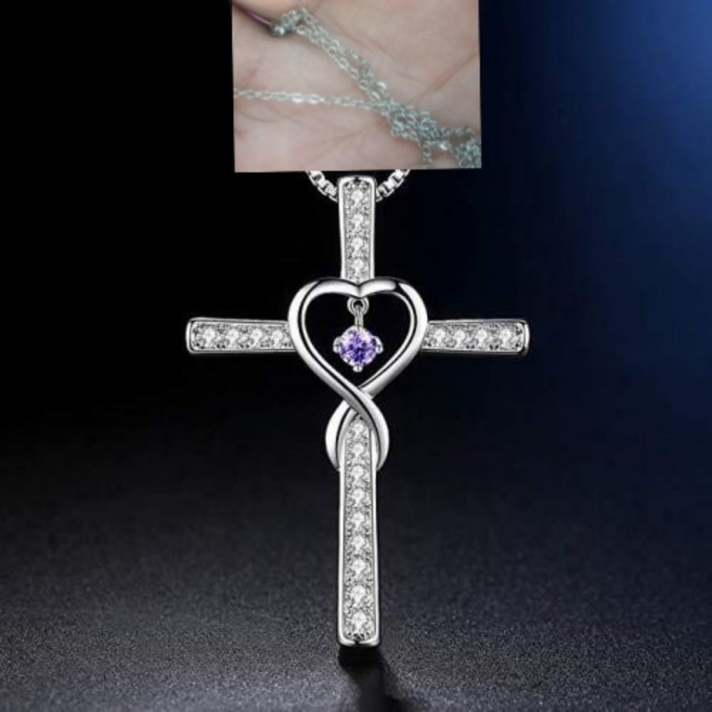 Christian cross birthstone necklace full length view