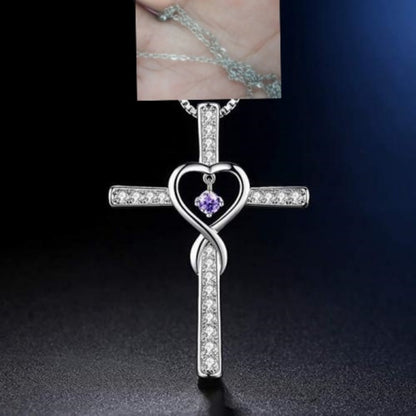 Christian cross birthstone necklace full length view