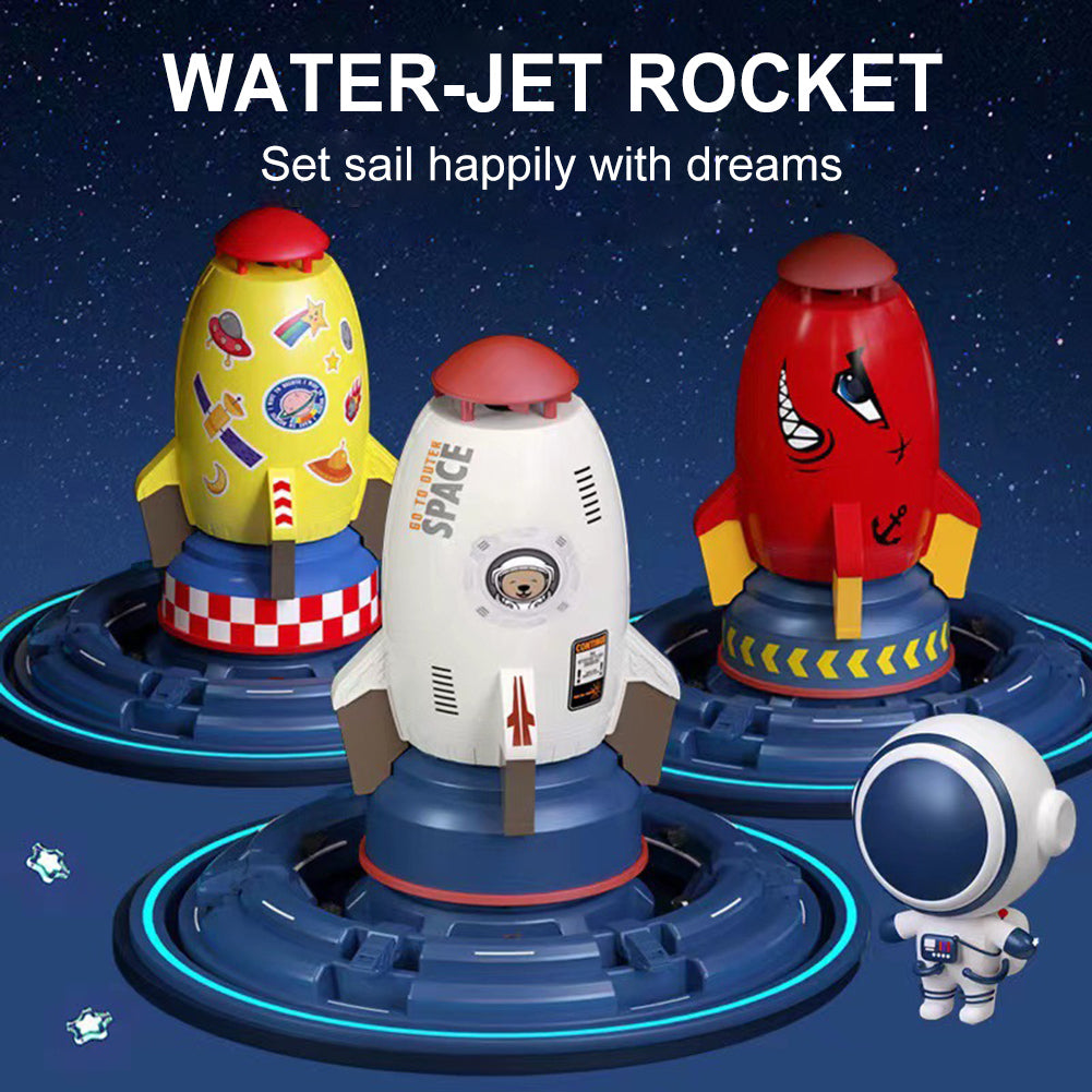 Three colorful water-jet rockets with a space-themed background and an astronaut figure.