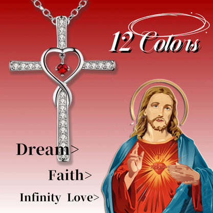 Christian cross birthstone crystal pendant necklace front view
